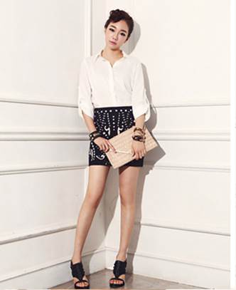 Combining black with poled lace material creates youthfulness for dark skirt.