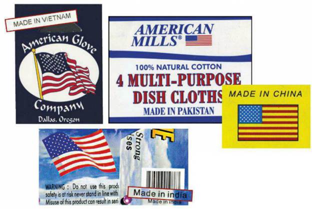  
These are just a few of the labels that have puzzled readers recently. Law allow for flags, eagles, and such, as long as the manufacturer clearly identifies where the product was made.
