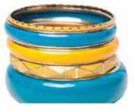 Description: Pigeonhole thin yellow/blue bangle, $10, medium yellow bangle, $12.50, yellow patterned bangle, $14, and large blue bangle, $15
