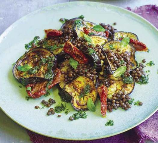 Aubergine, puy lentils and sun-dried tomatoes with mint oil