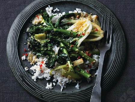 Saucy Japanese greens with sticky sesame rice