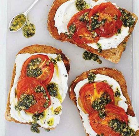 Tartines with roasted tomatoes & mint pesto