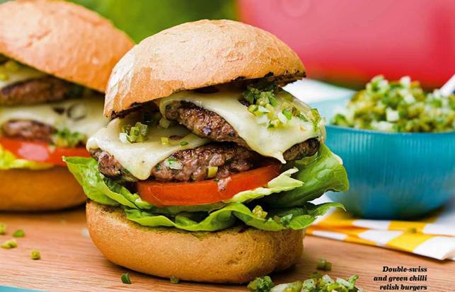 Double-swiss and green chilli relish burgers