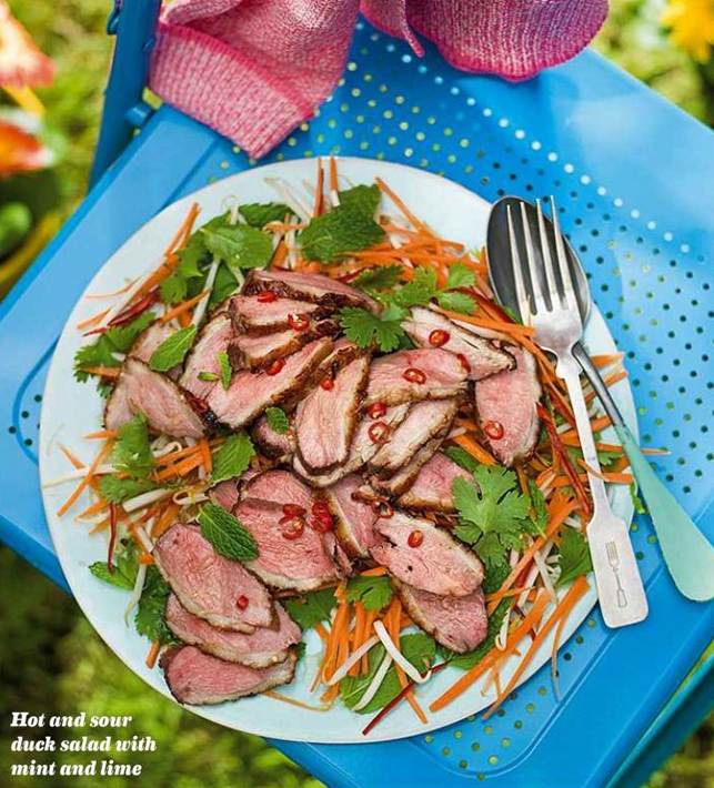 Hot and sour duck salad with mint and lime