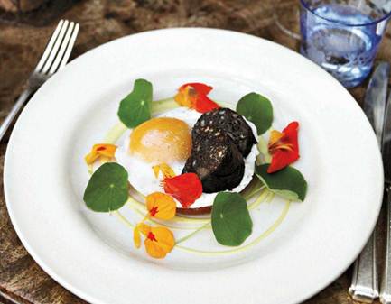 Description: Duck egg and black pudding at The Pig in Hampshire