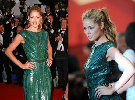 Description: Doutzen Kroes in ElieSaab’ stunning metallic green dress