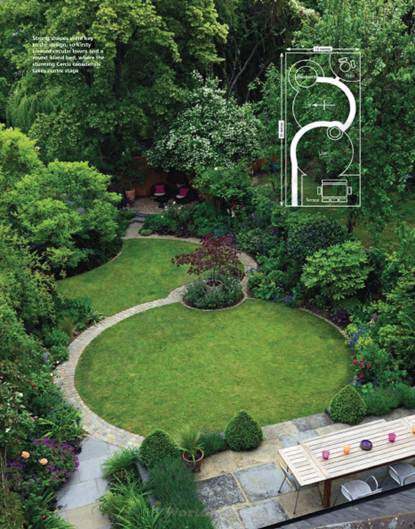 Description: Strong shapes were key to the design, so Kirsty created circular lawns and a round island bed, where the stunning Cercis Canadensis takes centre stage