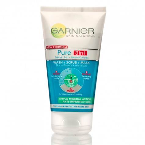 Description: Garnier Pure 3 in 1 Wash-Scrub-Mask
