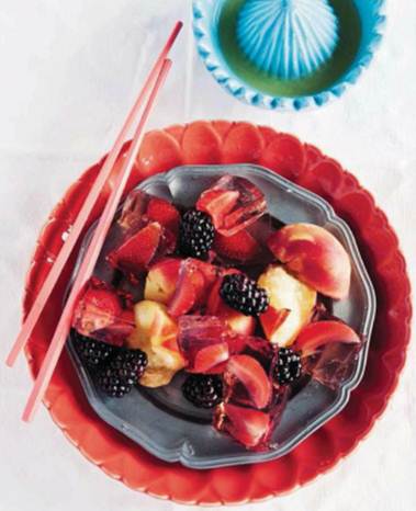 Description: Champagne and strawberry jelly fruit salad