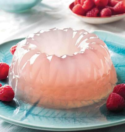 Description: Ruby grapefruit and vodka jelly with raspberries