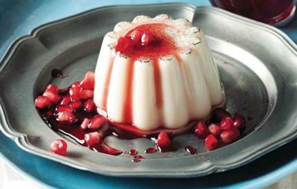 Description: Milk jelly with pomegranate syrup