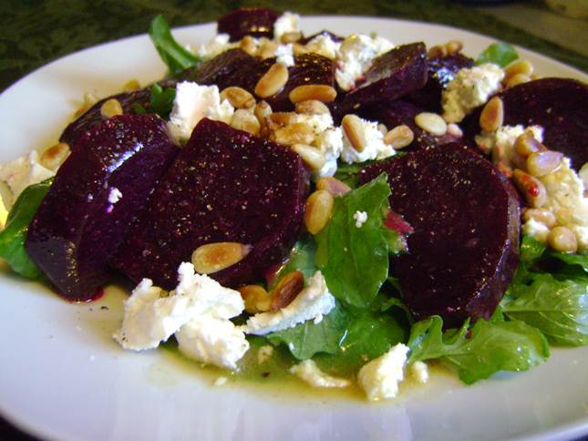 Sprouted quinoa, beetroot & goat’s curd salad