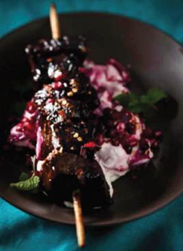 Description: Beef Kebabs In Sticky Pomegrante Glaze With Beetroot Tzatziki