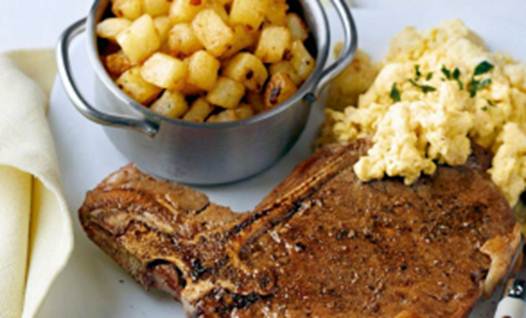Description: Steak with creamy eggs and hash browns