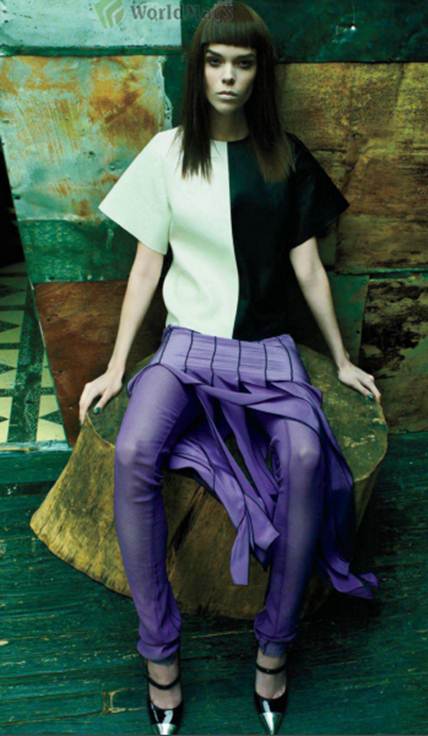 Description: Two-tone leather top, silk-chiffon fringed skirt and matching slim pants; Patent-leather 