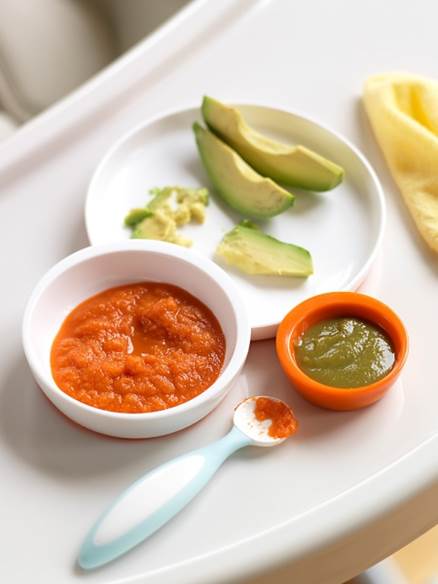 At this age, you can feed babies with avocado, cooked carrot…