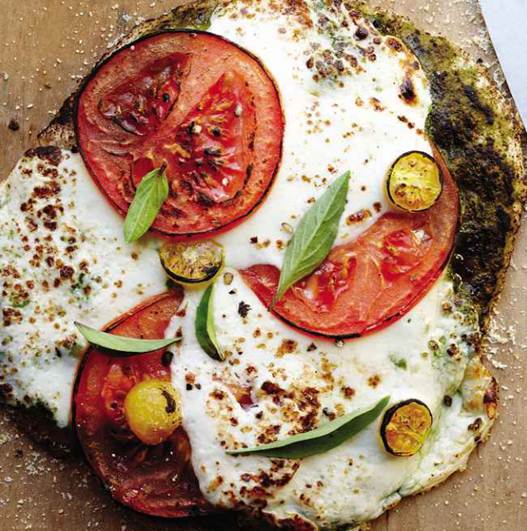 Description: Mozzarella and tomato basil caprese flatbread