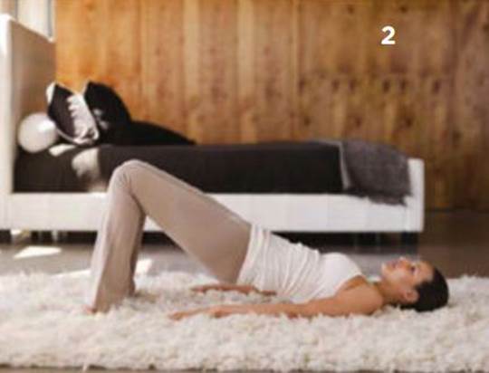 After six weeks, add this move to your routine. Lie on your back with feet hip-width apart, knees bent. 
